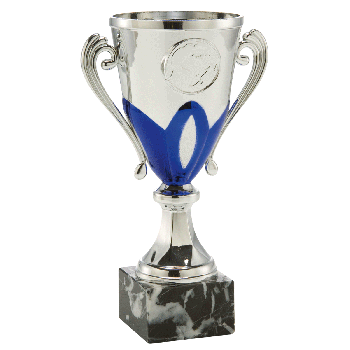 Zilveren trofee met blauwe details